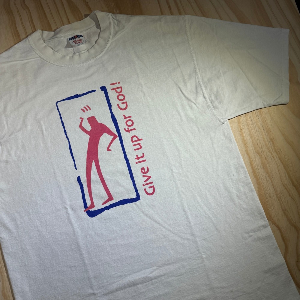 Jerzees Men's Give It Up For God Religious Graphic Tee White Vintage Size XL